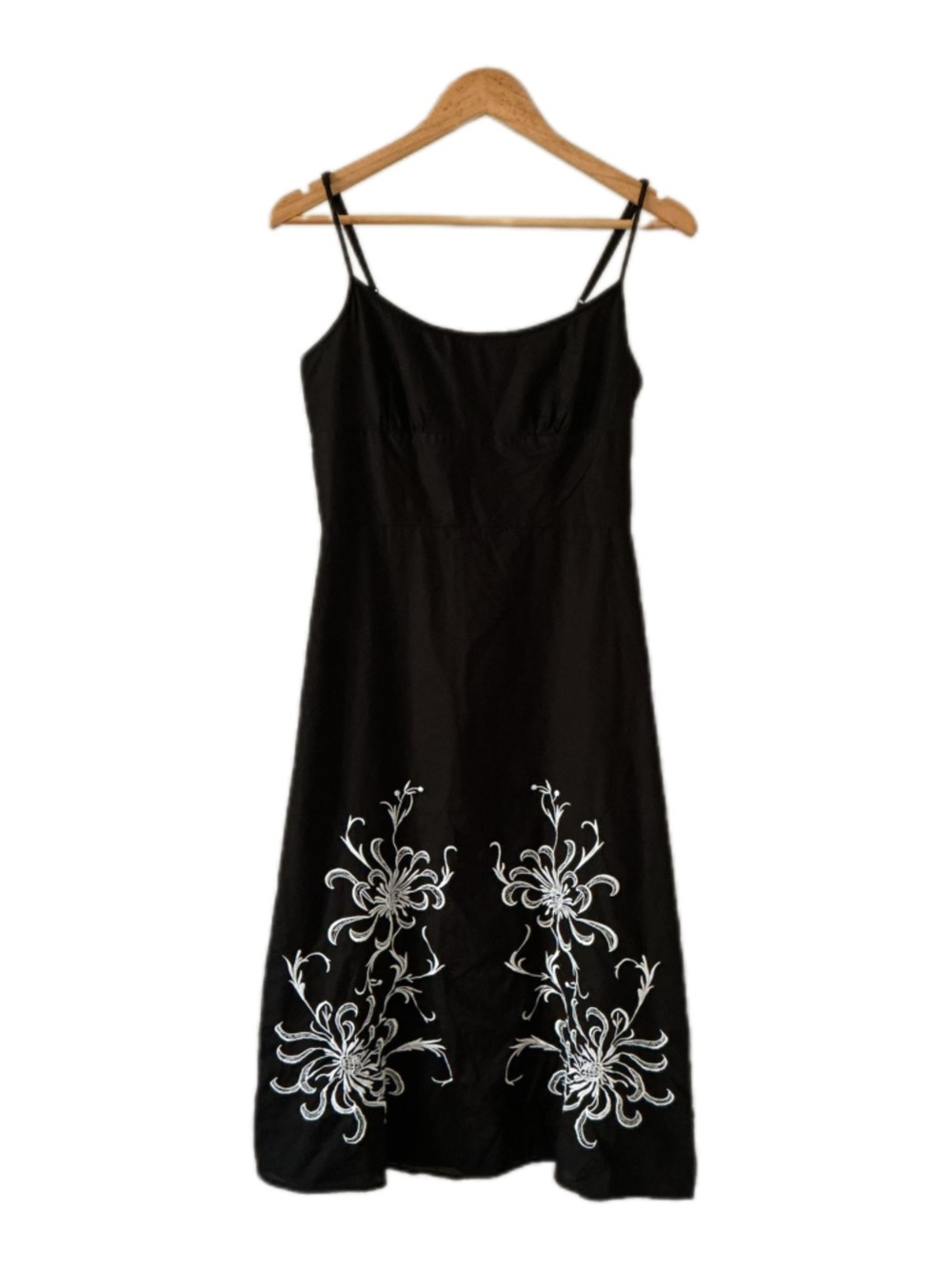 LOFT Black Midi Slip Dress with White Floral Embroidery - 100% Cotton